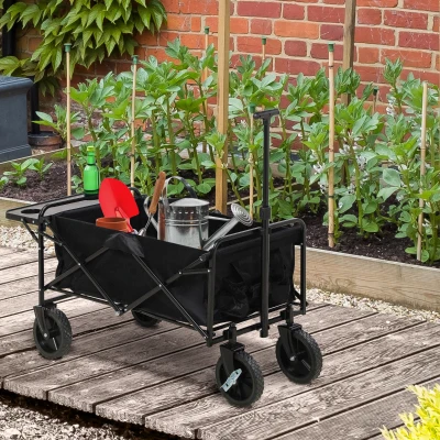 Outsunny Foldable Garden Cart with Wheels & Side Table, Black