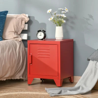 HOMCOM Industrial End Table, Red with Locker Door & Shelf