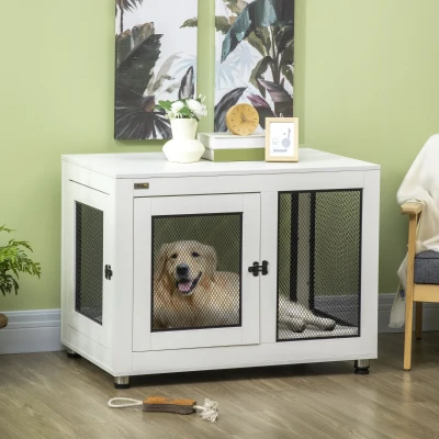 PawHut 37" Dog Crate Furniture, Double Doors, White