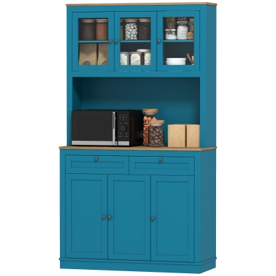 HOMCOM 71" Pantry Cabinet with Microwave Space, Buffet with Hutch, 2 Drawers, Adjustable Shelves and Glass Doors, Navy Blue