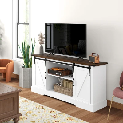 HOMCOM Farmhouse Sideboard with Charging Station, Sliding Barn Door, White