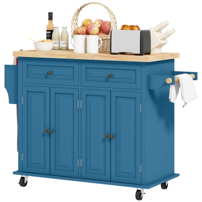 HOMCOM Kitchen Island Cart with Rubberwood Top, Drawers, Turquoise