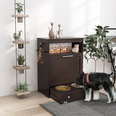 PawHut Pet Feeder Station Storage Cabinet, Dog Food Storage Container with Dog Raised Bowls, Watering Supplies, Coffee