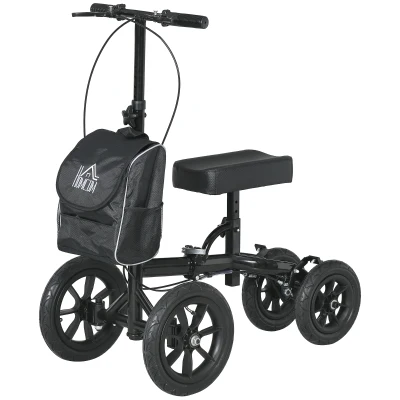 HOMCOM Adjustable Steerable Knee Walker, Foldable Knee Scooter with Rubber Wheels, Dual Brake, Crutch Alternative, Black