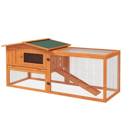 PawHut Wooden Rabbit Hutch Guinea Pig House with Removable Tray, Openable Roof, Trough, Run for Tortoises and Ferrets, Orange