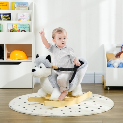 Qaba Baby Rocking Horse, Plush Animal Rocker for Toddlers Aged 18-36 Months, Stuffed Ride Toy with Sounds, Seat Belt, Grey