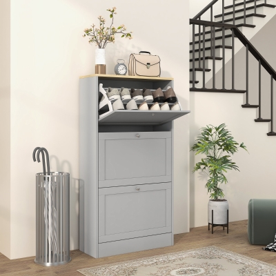 HOMCOM Modern Shoe Storage with 3 Flip Drawers and Adjustable Shelves, Shoe Cabinet Organizer for 12-18 Pairs of Shoes, Grey