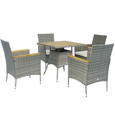 Outsunny 5 Piece Rattan Patio Dining Set with Umbrella Hole, Cushions, Outdoor Patio Table and Chairs for Garden Backyard, Teak