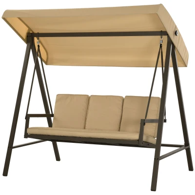 Outsunny 3 Seater Patio Swing Chair, Porch Swing with Adjustable Canopy and Removable Cushions, Outdoor Swing Seat, Beige