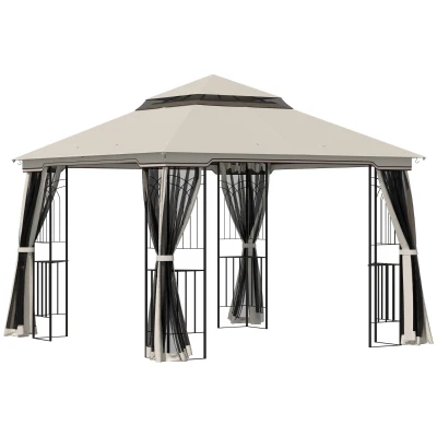 Outsunny 10'x10' Soft-top Patio Gazebo with Double Tier Roof, Mesh Curtains, Display Shelves, Top Hooks, Beige