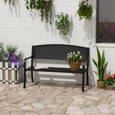 Outsunny 50" Steel Garden Bench Outdoor Patio 2-Person Park Seat Yard Furniture Loveseat Black