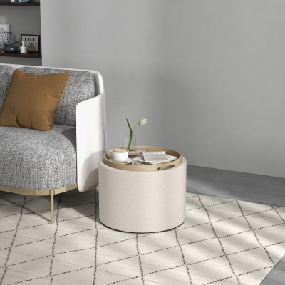 HOMCOM Round Coffee Table, End Table with Hidden Storage and Tray Top, Linen Upholstered Footrest for Living Room