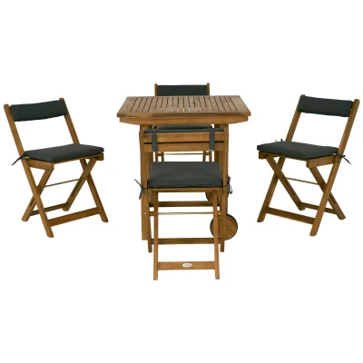 Outsunny 5 Pieces Wood Patio Dining Set, Wheeled Patio Table and Folding Chairs with Cushions for Garden Backyard Poolside, Teak