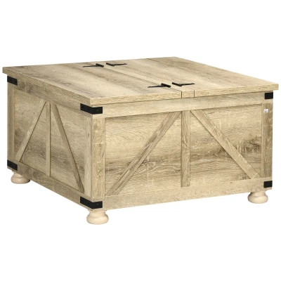 HOMCOM Farmhouse Coffee Table, Square Center Table with Flip-top Lids, Hidden Storage Compartment and Wooden Legs, Oak