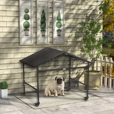 PawHut Portable Wicker Dog Shelter with Wheels, Dark Brown