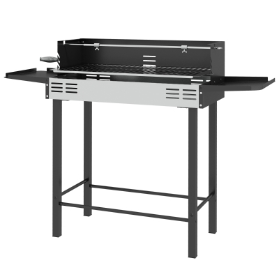 Outsunny BBQ Rotisserie Grill Charcoal, Split Roaster for Chicken Turkey, 3-Level Grill Grate, Storage Shelves, Stainless Steel
