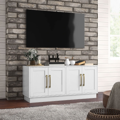 HOMCOM Modern TV Stand for up to 55" TV, TV Cabinet with 4 Soft Hinged Doors, 4 Cable Holes and 2 Adjustable Shelves, White
