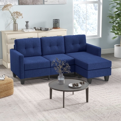 HOMCOM L-shaped Sofa, 3 Seater Sectional Couch with Ottoman, Corner Sofa with Thick Padded Cushion and Wood Legs, Dark Blue