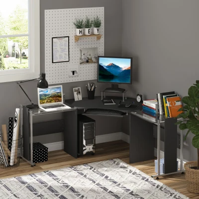 HOMCOM 69" Modern L-Shaped Glass Office Desk, Black