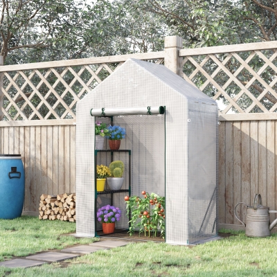 Outsunny 56"x29" Walk-in Greenhouse for Outdoor, Portable Gardening Plant Hot House with 2-Tier Shelf, Roll-Up Zippered Door, PE Cover, Green