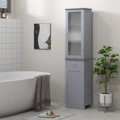 kleankin Tall Gray Bathroom Cabinet with Drawer & 3 Shelves