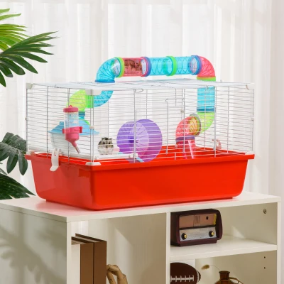 PawHut Large 2-Level Hamster Cage with Tubes, 23"x14"x14", Red