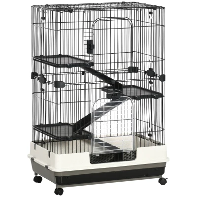 PawHut 45"H 4-Level Small Animal Cage Rabbit Hutch with Universal Lockable Wheels, Slide-out Tray for Bunny, Chinchillas, Ferret, Black