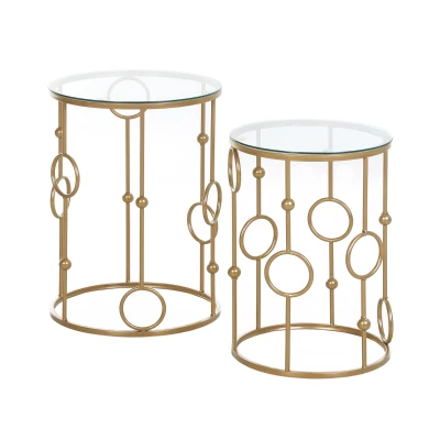 HOMCOM Round Coffee Tables Set of 2, Gold Nesting Side End Tables with Tempered Glass Top, Steel Frame for Living Room