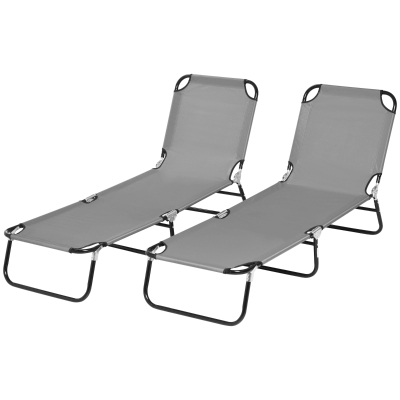 Outsunny Set of 2 Folding Outdoor Lounge Chair, Sun Tanning Chairs with Reclining Back, Breathable Mesh for Beach Patio, Grey