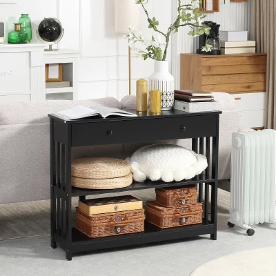 HOMCOM Console Table, Black, Extra Wide Drawer, 2 Open Shelves