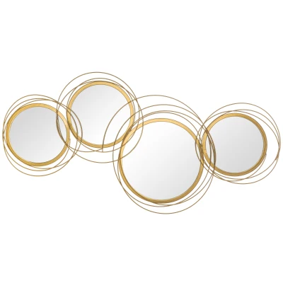HOMCOM Metal Wall Art Gold Frame Circle Bathroom Mirror Decor Home Hanging Wall Sculptures for Living Room Bedroom Dining Room, 42.25" W x 22" H, Gold
