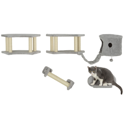 PawHut Wall Mounted Cat Shelves with Scratching Post, Ladder, Condo, Jumping Platforms, Light Grey