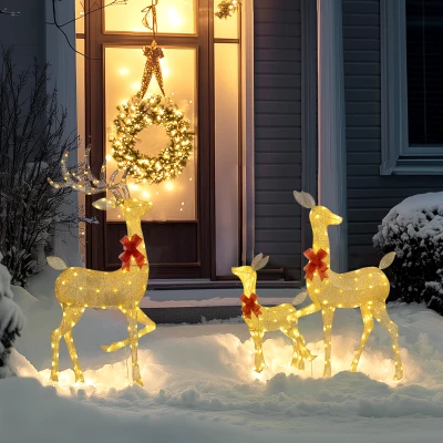 Light Up Christmas Deer Family Set 25.2" W x 17.7" D x 52.4" H Gold