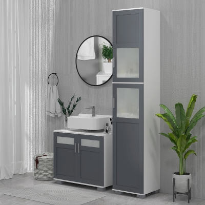 kleankin 75" Tall Bathroom Storage Cabinet, Narrow Bathroom Cabinets with Matte Glass Doors and 5-tier Shelving, White & Grey