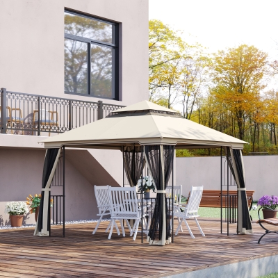 Outsunny 10'x10' Soft-top Patio Gazebo with Double Tier Roof, Mesh Curtains, Display Shelves, Top Hooks, Beige