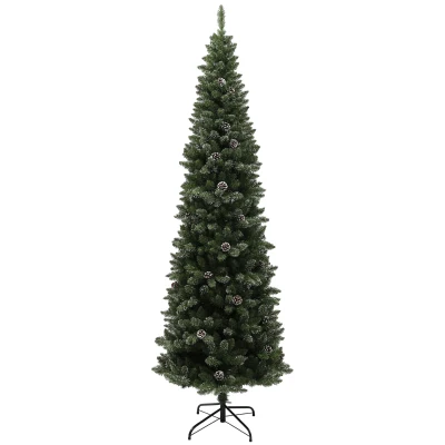 HOMCOM 7ft Artificial Pencil Christmas Tree with 980 Branches, Pinecones, Metal Stand, Realistic Xmas Tree for Home