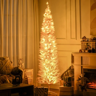 HOMCOM 7ft Slim Pink Christmas Tree with LED Lights & Realistic Branches