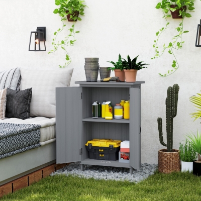 Outsunny Outdoor Storage Cabinet, Wooden Garden Storage Shed with 2-Tier Shelves, Metal Tabletop and Magnetic Doors, Grey