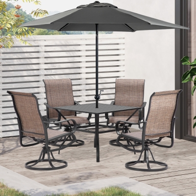 Outsunny 5-Piece Outdoor Patio Dining Set, 4 Swivel Rocker Chairs and 37" x 37" Dining Table Furniture Set with Umbrella Hole for Garden, Lawn and Backyard, Brown