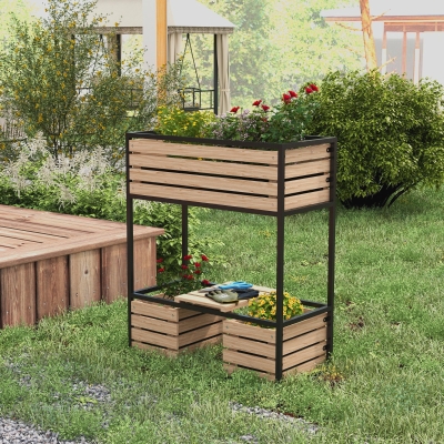 Outsunny Elevated Planter Box, Wooden Raised Garden Bed with Storage Shelf for Flowers, Vegetables, Herbs, Light Brown