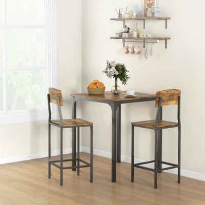HOMCOM 3 Piece Pub Table Set with 2 Stools, Rustic Brown/Black