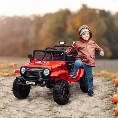 Qaba 12V Ride on Car, Ride on Truck w/ Remote, 4 Suspension Wheels, 3 MPH Max Speed, Music, Horn & Lights, Red(m-2)