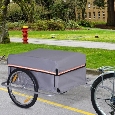 Aosom Bicycle Cargo Trailer Cart Carrier Garden Use w/ Quick Release, Cover, Grey