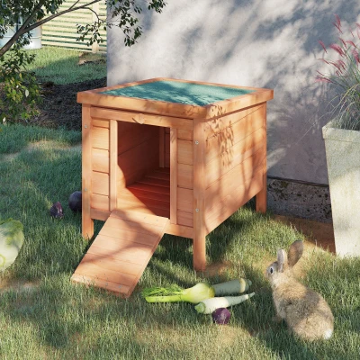 PawHut Small Wooden Rabbit Hutch, Openable Waterproof Roof, Natural