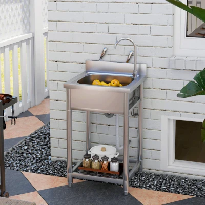 HOMCOM 22" Stainless Steel Outdoor Utility Sink with Shelf
