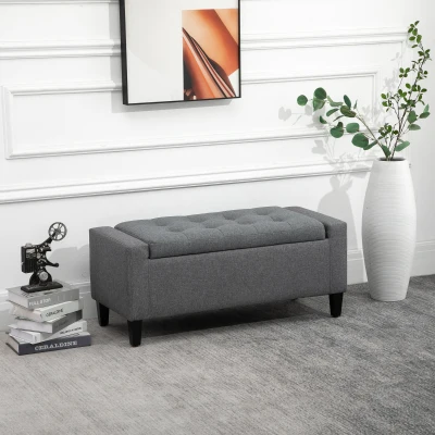 HOMCOM Linen Upholstered Storage Bench with Lift Top, Gray