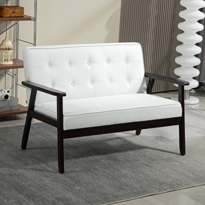 HOMCOM 44.5" 2 Seat Sofa for Bedroom, Modern Upholstered Loveseat with Button Tufted Back and Wood Legs, Cream White