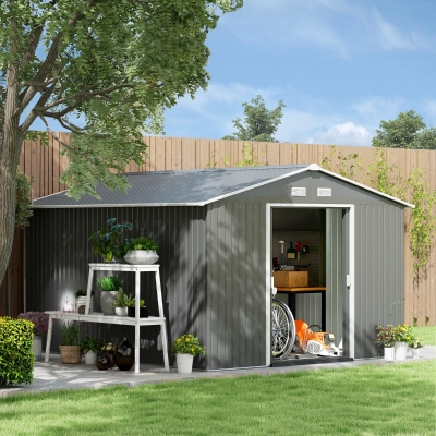 Outsunny 9' x 10.6' Garden Storage Shed w/ Foundation Kit Metal Tool Storage House w/ Double Doors Light Grey