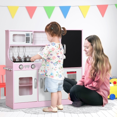 Qaba Play Kitchen for Kids, Kids Kitchen Playset w/ Chalkboard, Ice Maker, Play Phone, Sink, Microwave