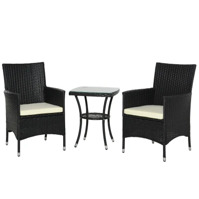 Outsunny 3 Pieces Patio Bistro Set, Outdoor PE Rattan Porch Furniture with Two Armchairs, Glass Top Coffee Table, Black